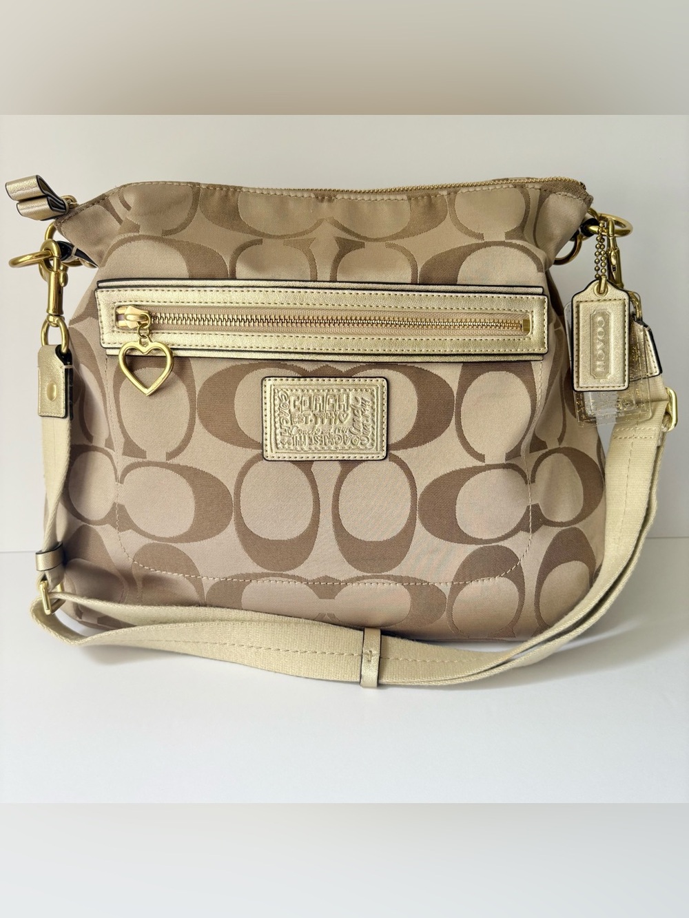 Coach Poppy Signature Sateen Beige Gold Hobo Bag Purse